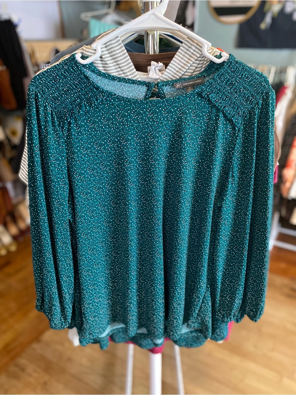 Adrianna Papell Teal Sparkle Long-Sleeve Blouse - Picture 2 of 9